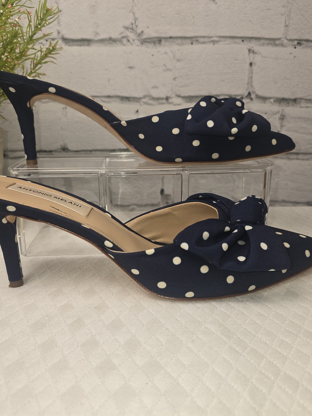 ANTONIO MELANI Navy with White Polka Dot Bow Pointed-Toe Mule Heels WOMENS 9 - Picture 4 of 11